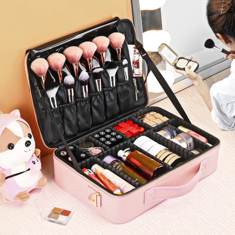 PU Leather Makeup Bag travel organizer  Cosmetic Bag Portable Artist Storage Bag with Adjustable Dividers for Women Cosmetics