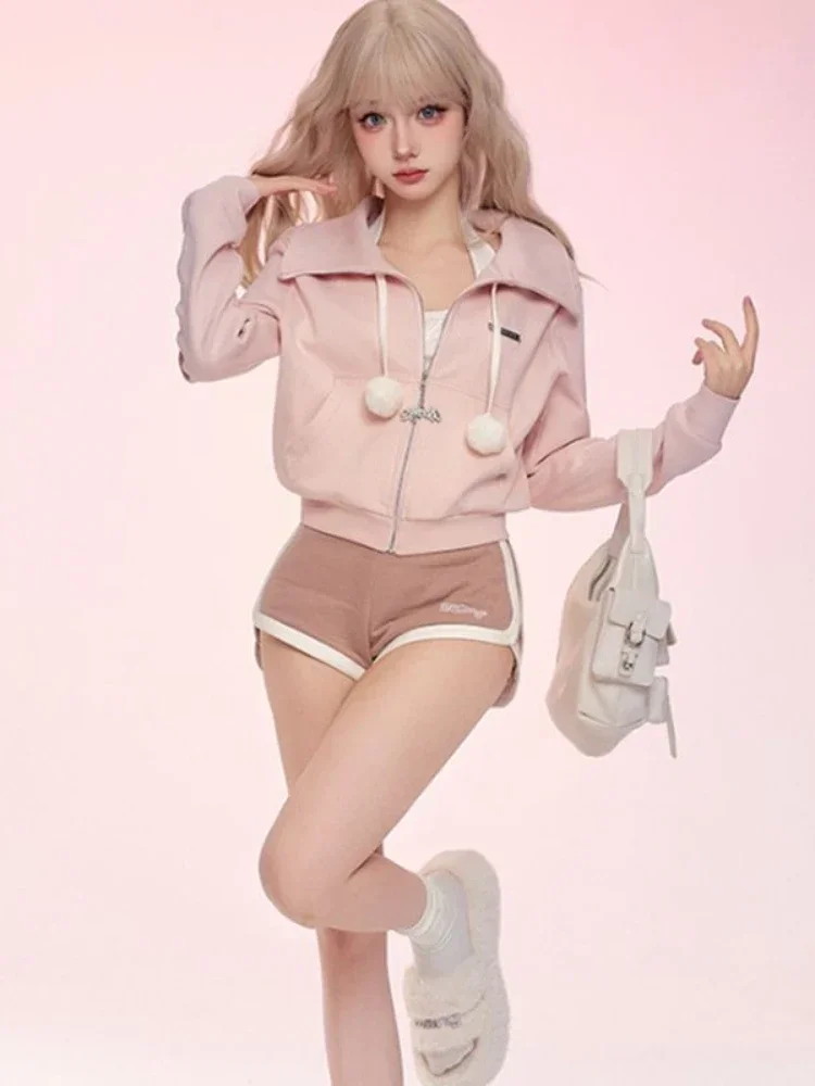 New Winter Japanese Kawaii Two Piece Set Women Pink Sweet Shorts Suit Female Korean Fashion Hooded Coat+Casual Shorts Tracksuit