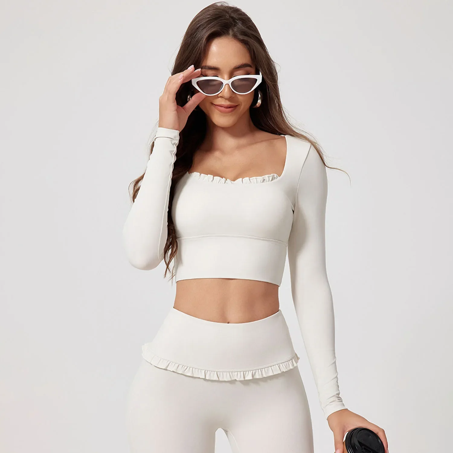 Fast Drying Fitness Sports Long Sleeve Top Running Square Neck Lace Tight Outwear with Chest Pad Long Sleeve Sports Yoga Clothes