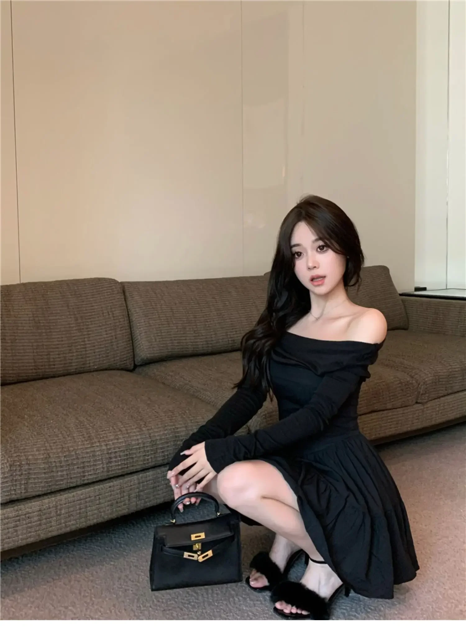 Dresses for Women Solid Elegant Fashion Folds French Style Long Sleeve Mini Dress Temperament Ulzzang Streetwear Vestidos Chic