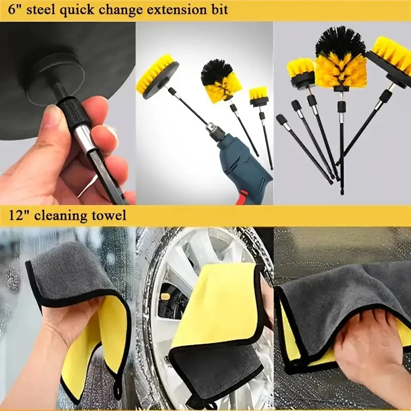 7PCS Electric Drill Bit Car Wash Brush Accessory Kit with Extended Accessories Universal Wiping Brush Kit for Quick Cleaning