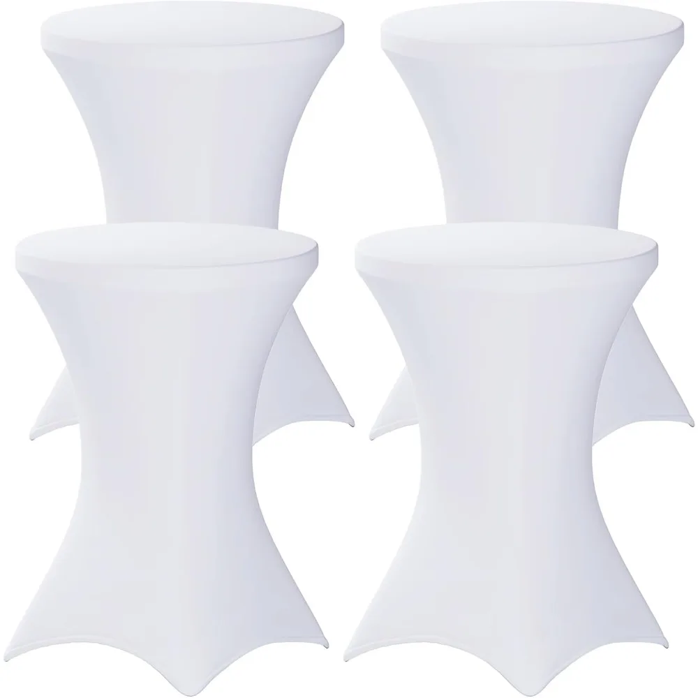 

4-Pack White Spandex Cocktail Tablecloths, 32x43 Inch Round High Top Table Covers for Parties and Bars