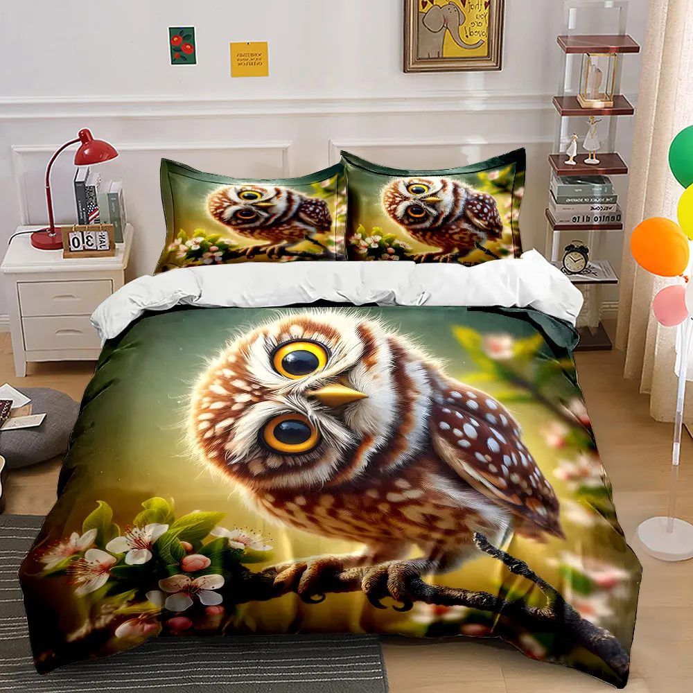 Niedliche Eule schaut sich herum und Blumenmuster-Bettwäsche-Set, 1 Bettbezug, 2 Kissenbezüge für Erwachsene und Kinder, luxuriöses Geschenk, volle Größe