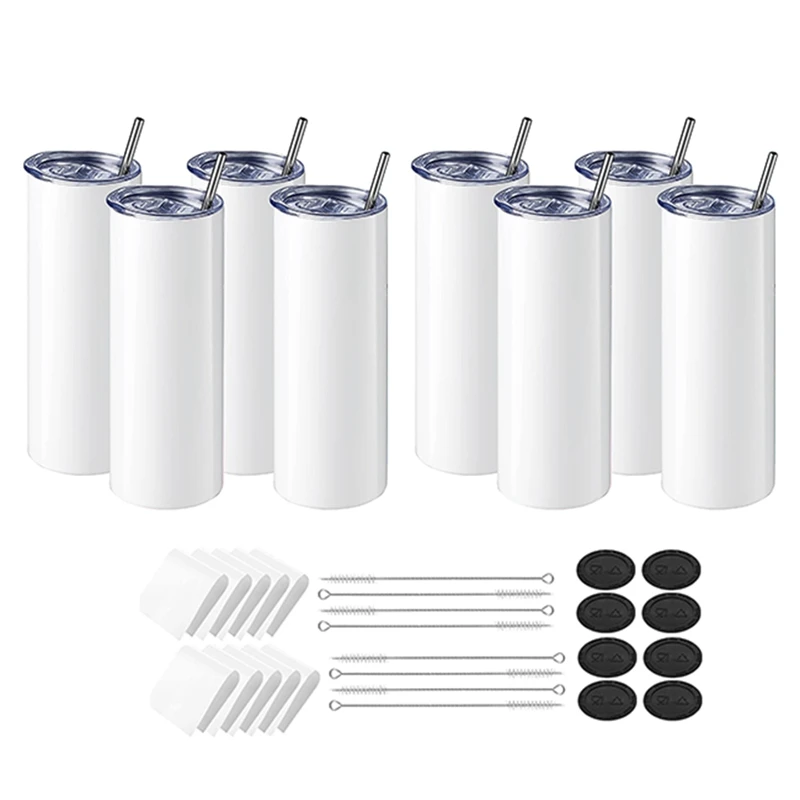 8Pack Blank Stainless Steel Tumblers 20Oz Straight Skinny With Sublimation Papers, Lids And Straws For Tumbler Press Machine