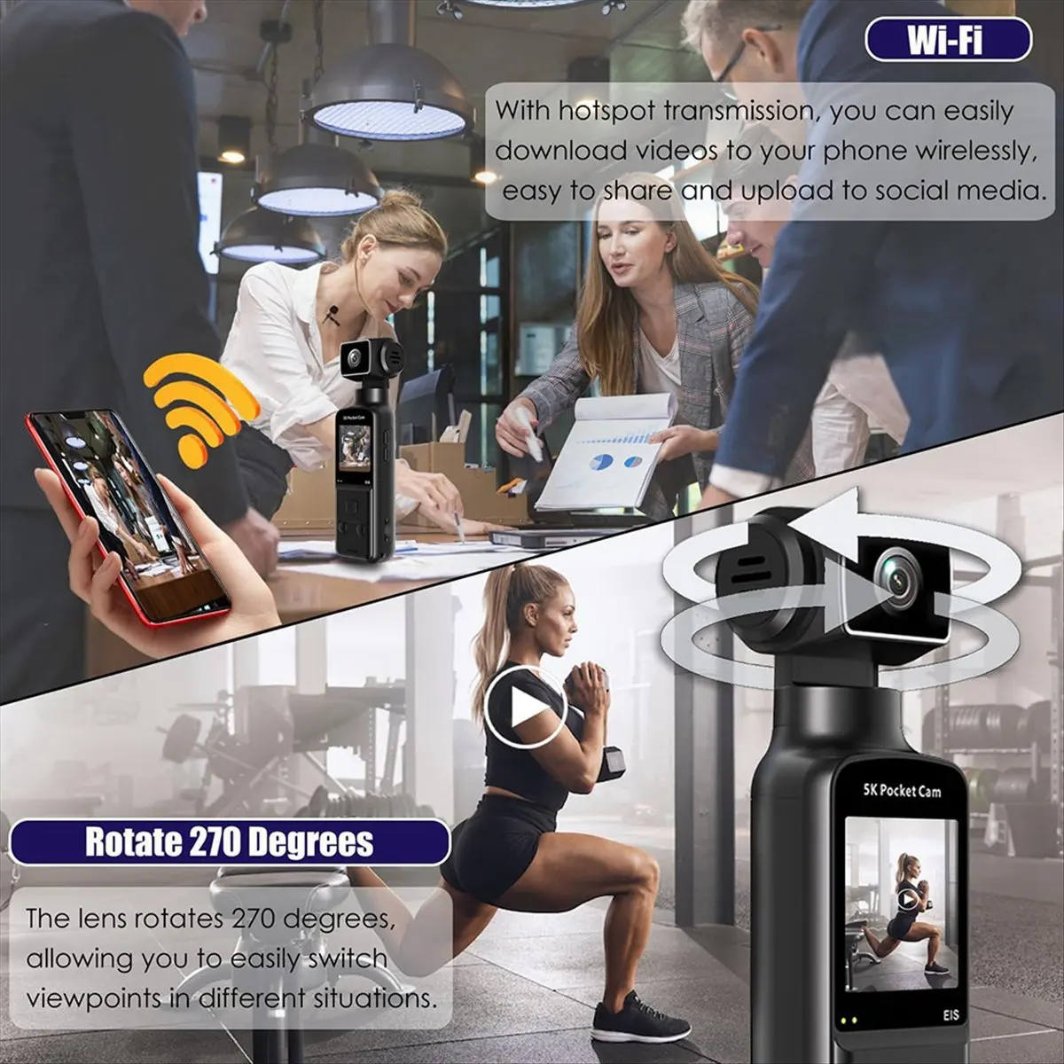 

Карманная цифровая камера M05K 5K с внешним микрофоном 270 ° Поворотная Wi-Fi видеокамера для активного отдыха, велоспорта и путешествий