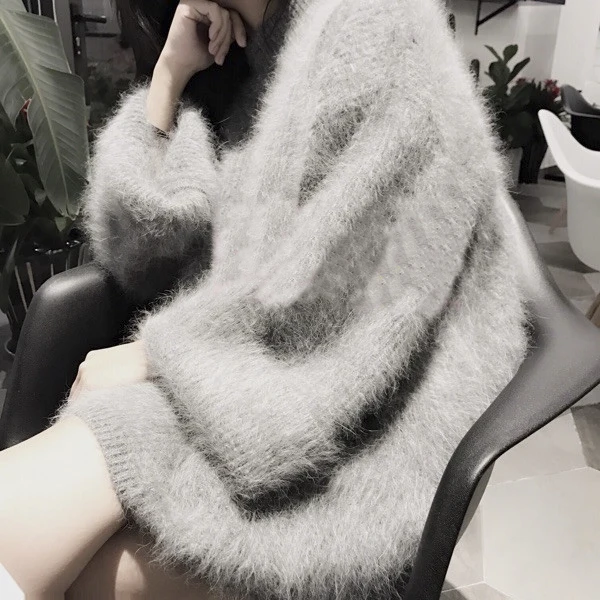 

Plus Size Winter Fashion Split Cashmere Long Sweater Ladies Thick Warm Mohair Knitted Trumpet Sleeve Soft Pullover