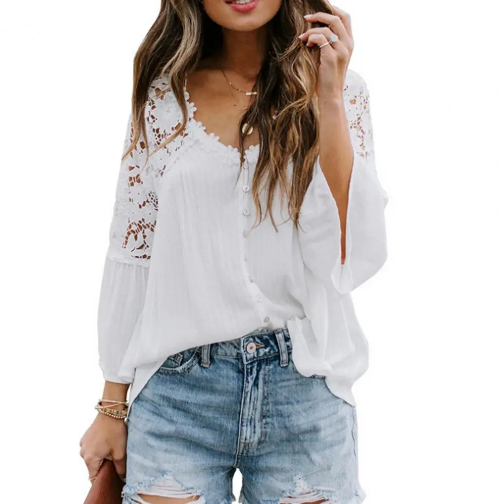 Trendy Shirt Top  Buttons Closure Soft Elegant Blouse  Cut Out Lace Stitching Lady Loose Shirt