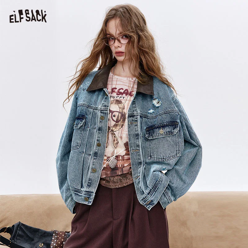 

ELFSACK 2025 Autumn New Arrival Streetwear Washed Distressed Embroidery Loose Denim Jacket For Woman