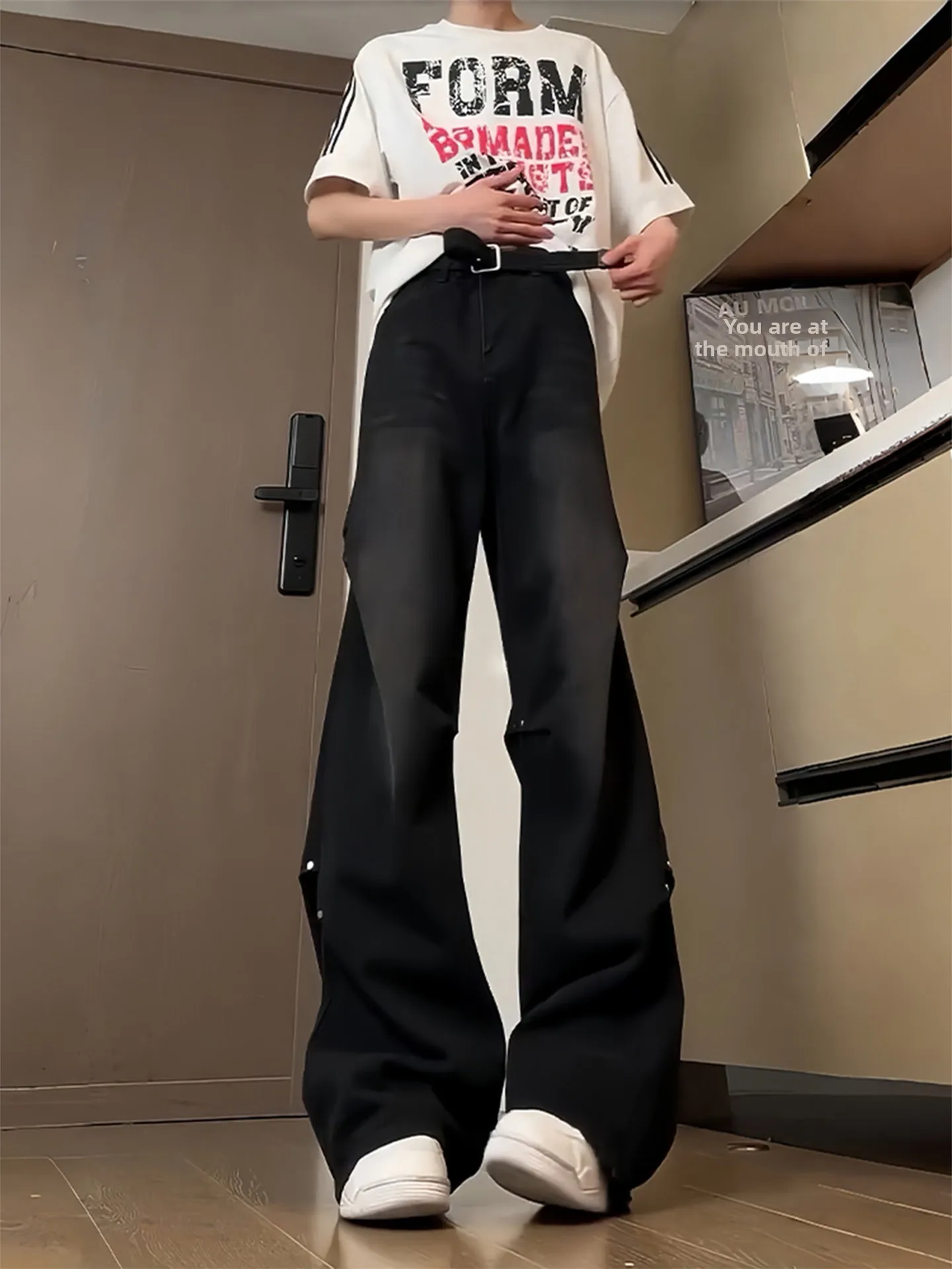 

Cleanfit Black Knife Wide Leg Straight Cut Jeans Men's American High Street Rivet Pleated Design Casual Cotton Denim
