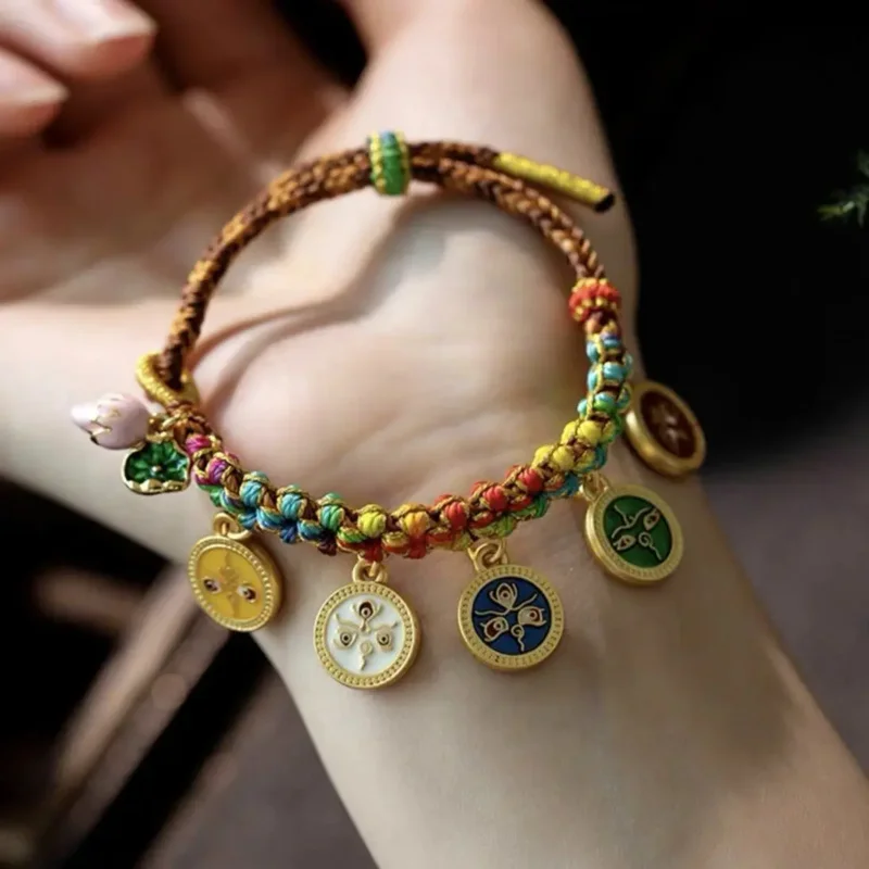 

Оригинальный Тибетский ремешок для переноски, плетеный вручную женский браслет с пятью цветами, Бог богатства, мужской и женский браслет на Рождество