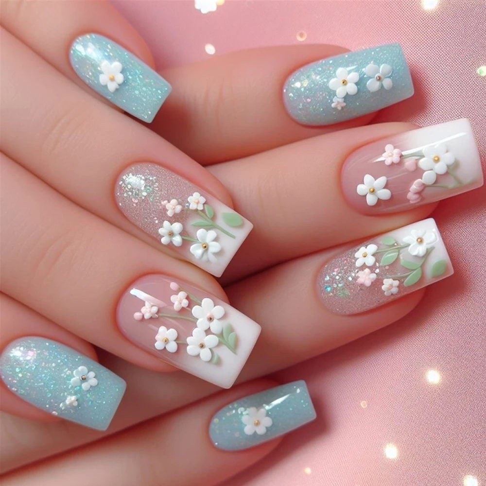 

3D Pink White Flowers Glitter Sequins Blue Wearable Nail Art French False Nails Detachable Finished Fake Nails Press on Nails
