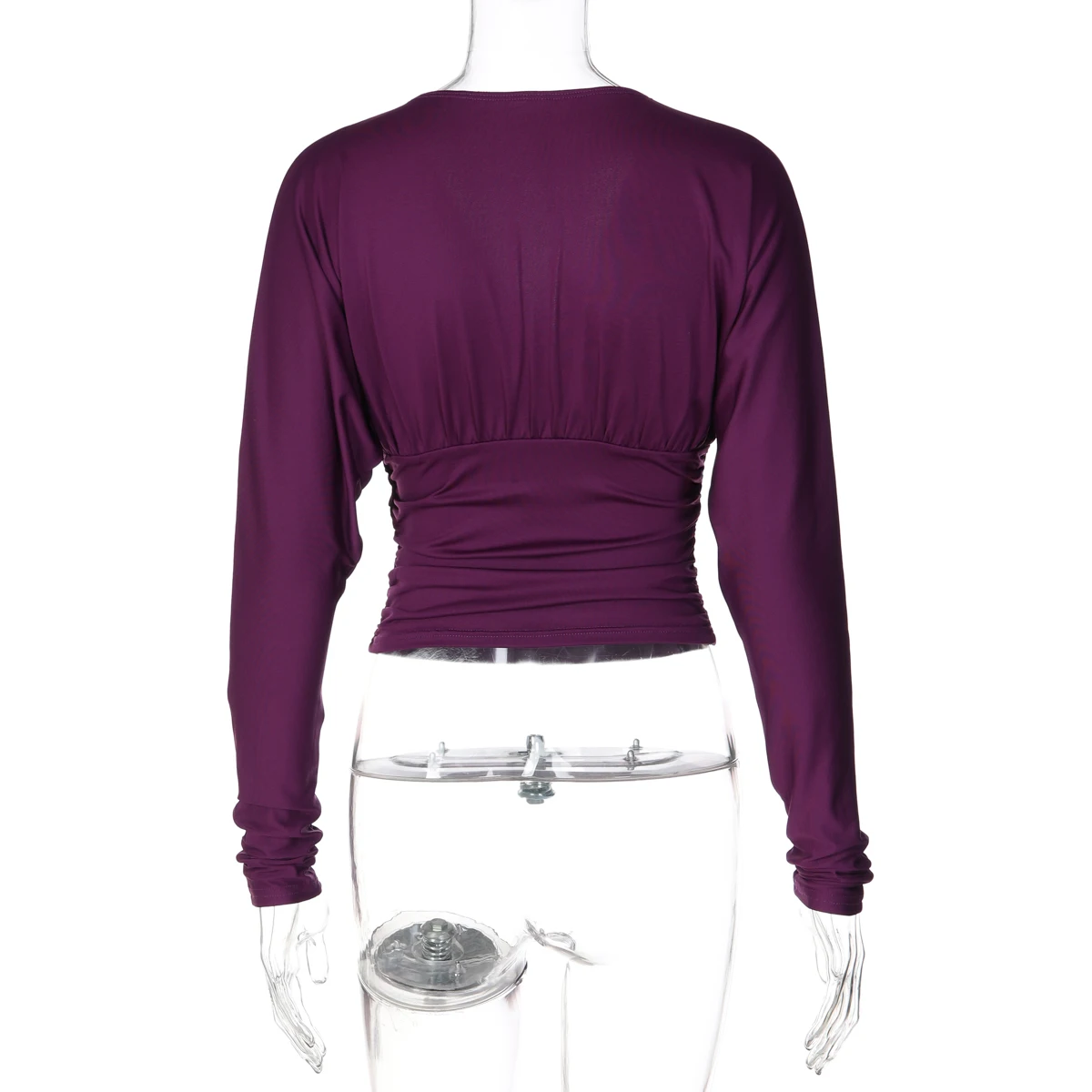 Hugcitar Damenmode V-Ausschnitt Dunkelvioles Langarm Gerafftes Sexy Crop T-Shirt Herbst Winter Kleidung Streetwear Party Club Tees – Detail 4