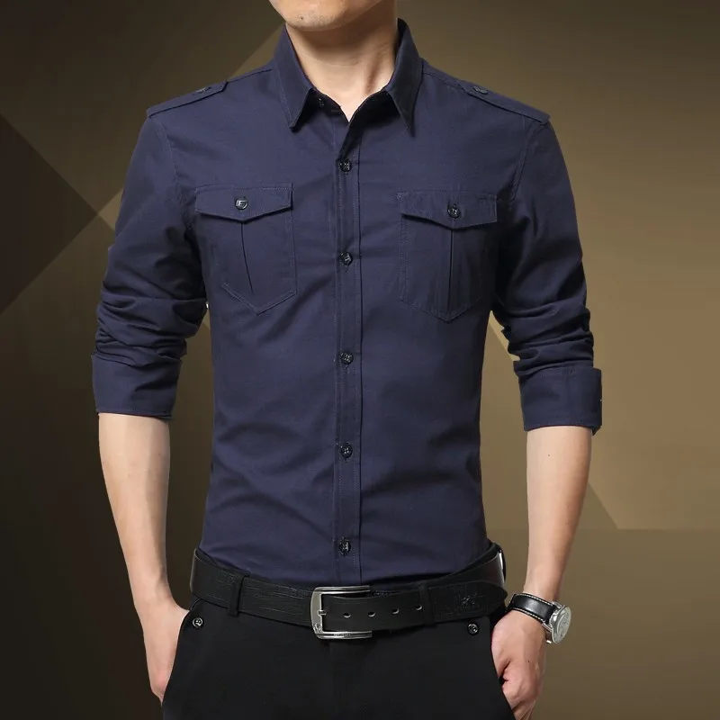 Military Style Men's Shirt Solid Color Slim Fit Dual Pockets Retro Lapel Long Sleeve Tops Casual Versatile Simple Fashion Blouse