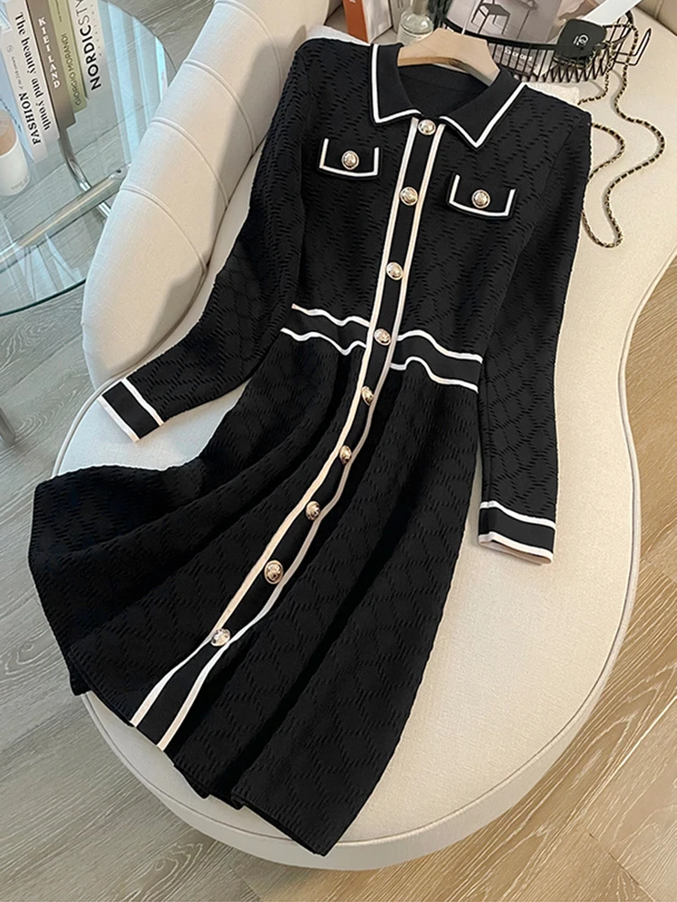 ZJYT Long Sleeve Knitting Dresses for Women Spring Color Block Knitwears Turn Down Collar Vintage Dress Basic Vestidos Robe Blue