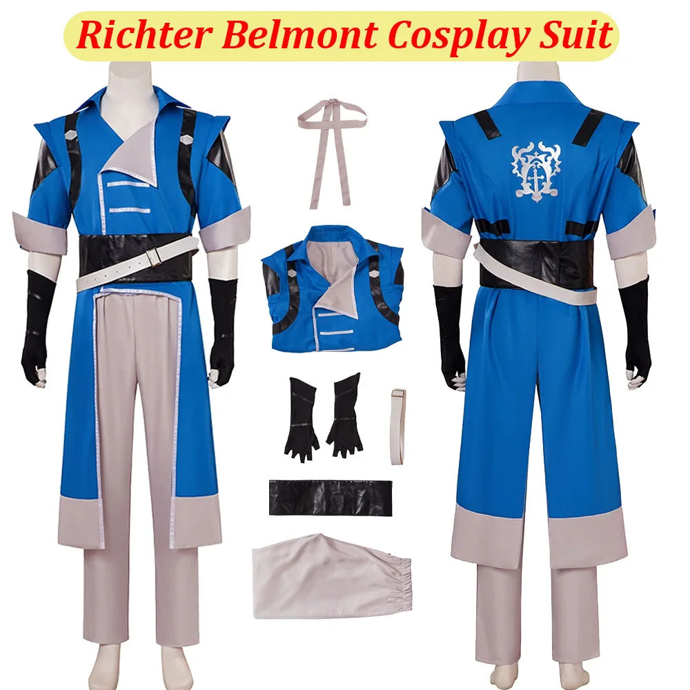 Hombres Richter Belmont Cosplay abrigo pantalones diadema Anime juego Castlevania disfraz de juego de rol trajes para adultos traje de Carnaval de Halloween
