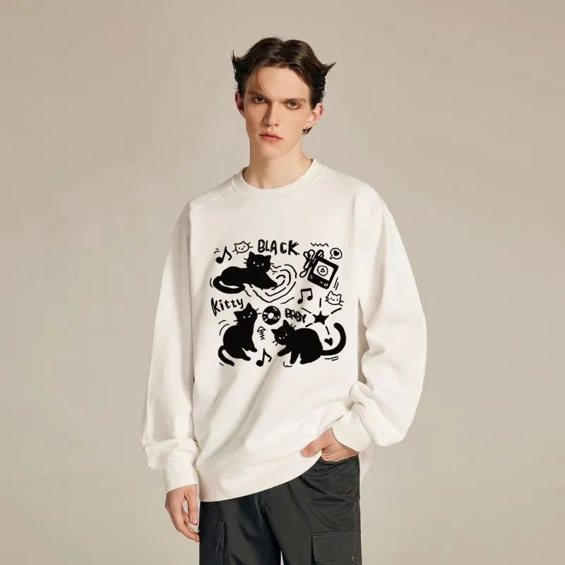 

Black Kitten Pattern Printed Crew Neck Sweatshirts Autumn New High Quality Comfortable Loose Hoodies