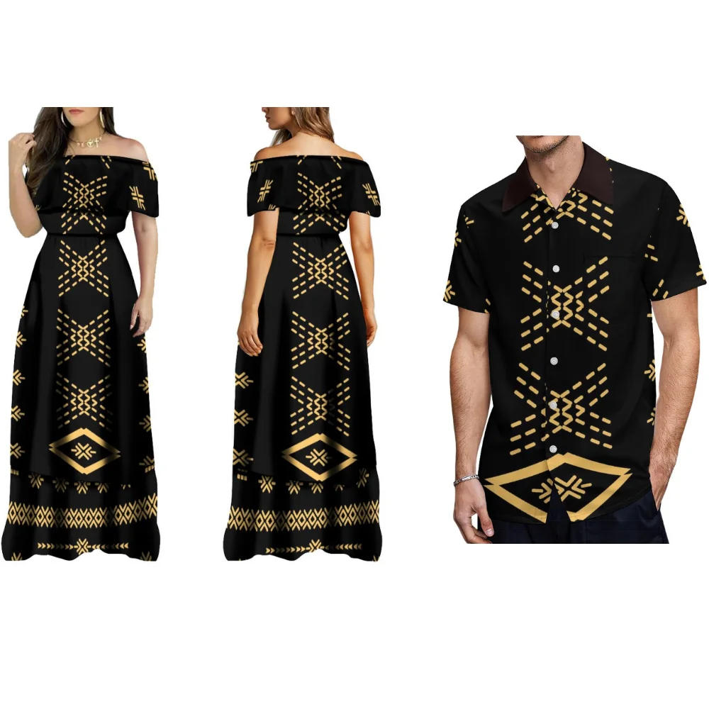 

2024 Newcomer Polynesian Tribe Ruffled Off-The-Shoulder Dress For Ladies Elegant Long Double-Layer Party Dress With Men'S Shirt