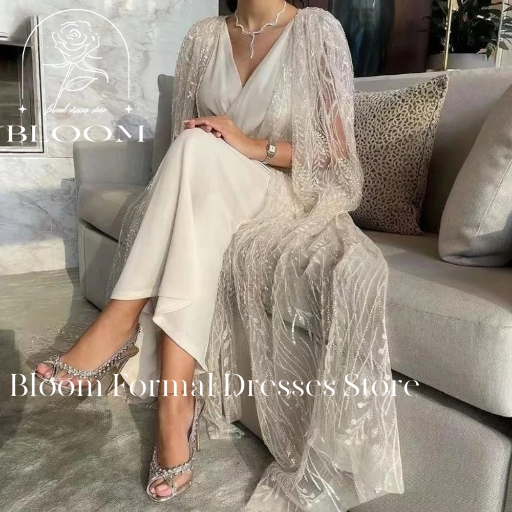 Bloom Customized V-neck Evening  Sequins Tulle Cape Ankle-length Elegant Prom Dresses Fashion Design Formal Occasion Dresses