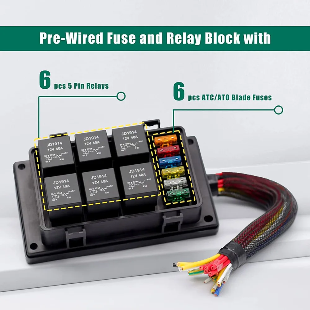 12V Fuse and Relay Box Holder 6 Slots Automotive Universal Relay Box 4 Pin 12V 40A Relay and Wiring Harness For Car