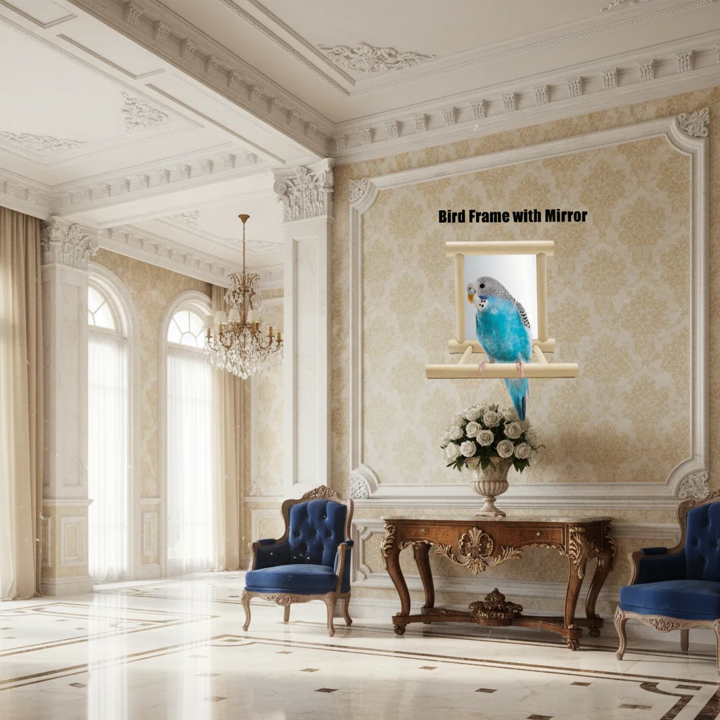 Specchio per Uccelli in Legno con Posatoio e Giocattolo per Pappagalli, Parrocchetti e Cacatua - Accessori per Gabbie