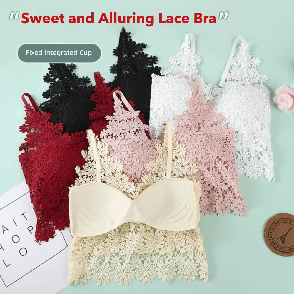 Sexy V-Neck Lace Bras Solid Color Backless Bralette Floral Embroidery Seamless Bra for Women