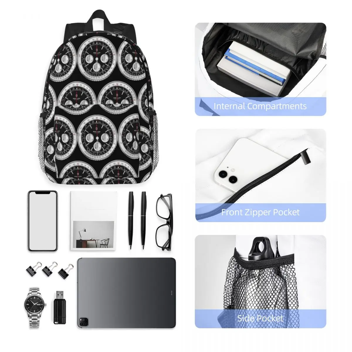 Black Luxury Watch Face Backpack Student Boys Girls BookBag Men Women School Bag Laptop Shoulder Bags