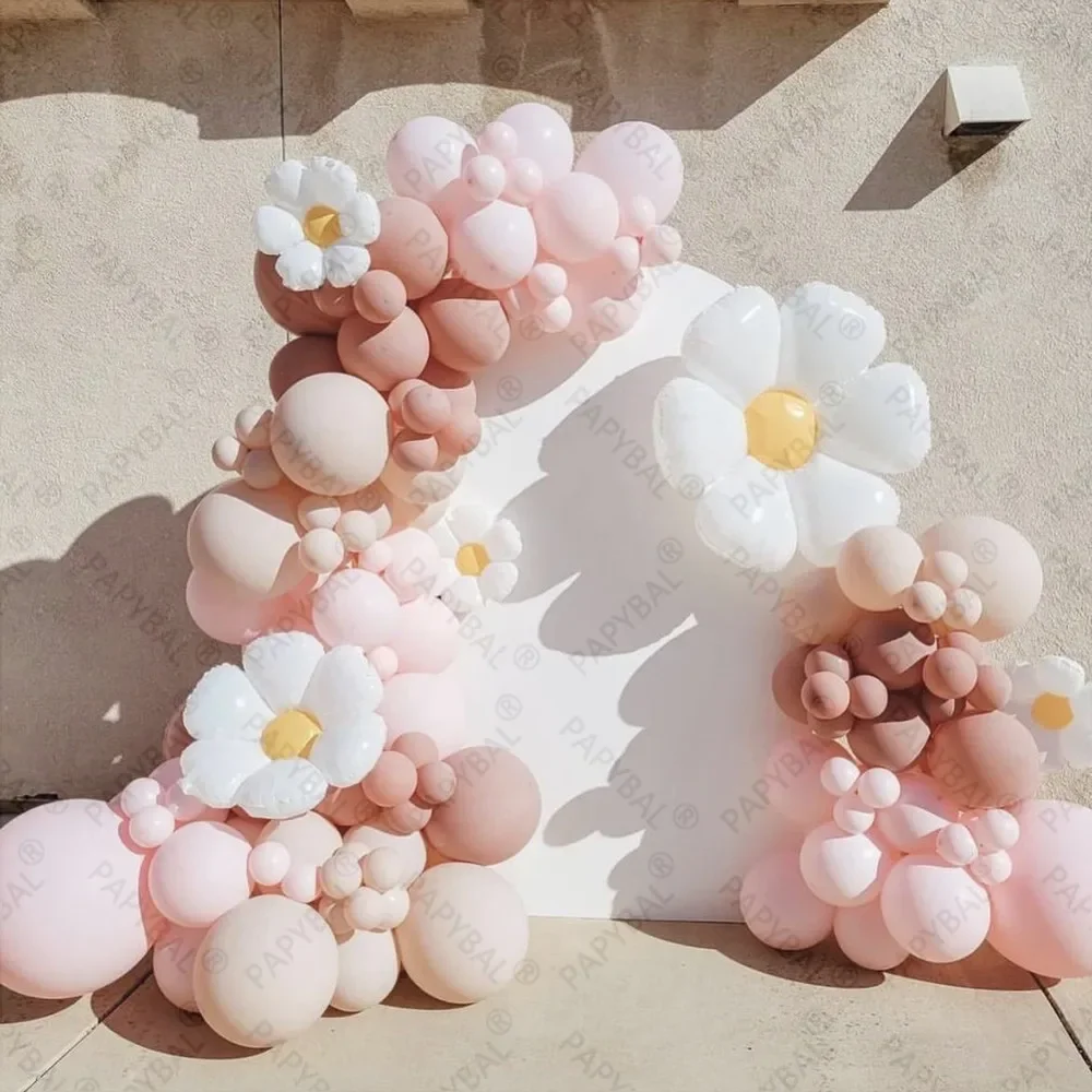 109PCS White Flower Daisy Theme Arch Garland Balloons Retro Pink Peach Latex Balloon Anniverary Kids Birthday Party Decor Gifts