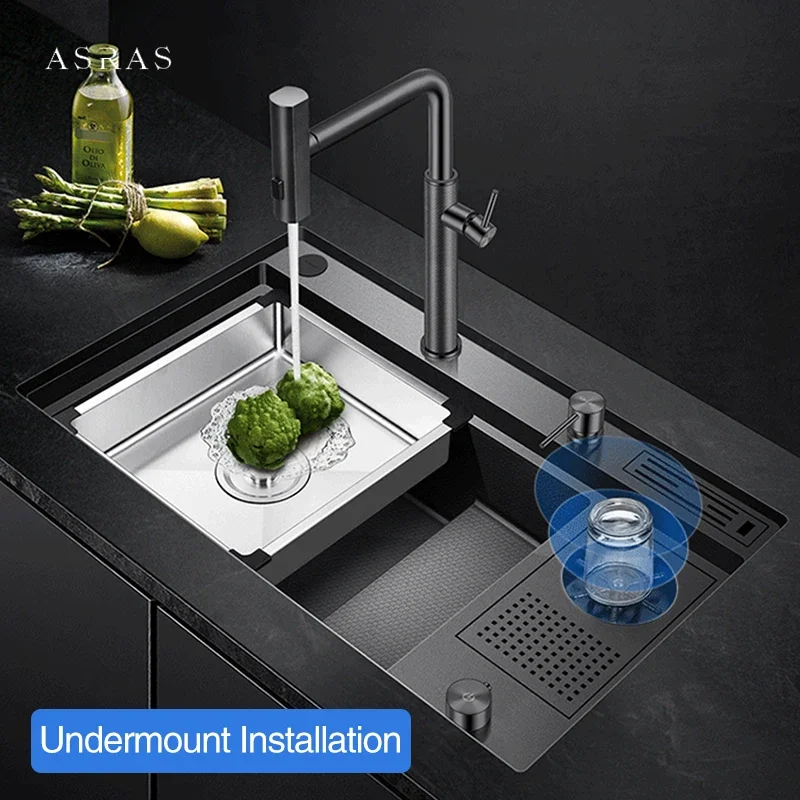 ASRAS NanoBlack Honeycomb Embossing Large Size 4mm Panel Handmade Step Sinks Cup Rinser Waterfall Faucet Kitchen Sinks