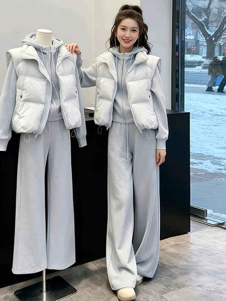 

Casual Hooded Sweatshirt Vest High Waist Wide Leg Pants Three Piece Set Fashionable Warm Slimming Autumn Winter Outfit for Women