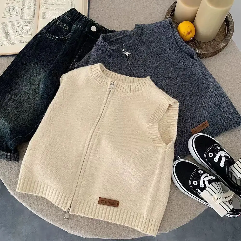 

Осенне-зимний детский жилет для маленьких мальчиков, однотонный вязаный жилет без рукавов для маленьких мальчиков, универсальный трикотаж на молнии для маленьких мальчиков