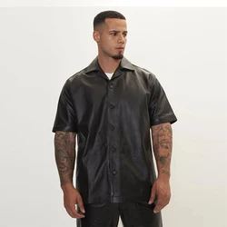 Men's Black Matte Faux Leather Turn-down Collar Shirt Coat Male Chic Casual Short Sleeve PU Top Overcoat Nightclub Party Custom