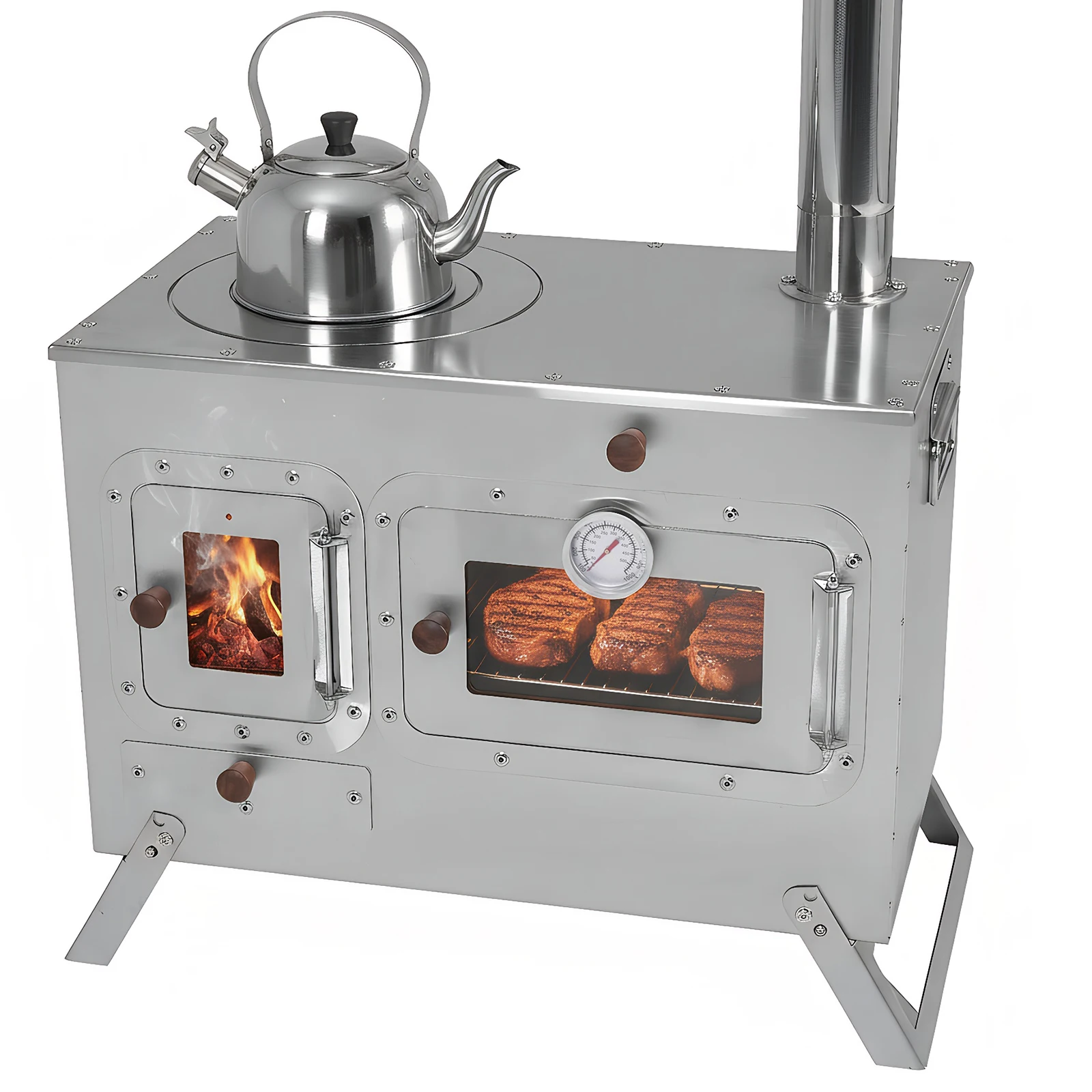 Holzofen mit 4 Schornsteinrohren Camping-Holzofen aus Edelstahl für Outdoor-Heizung & Kochen Eisfischen Jagd