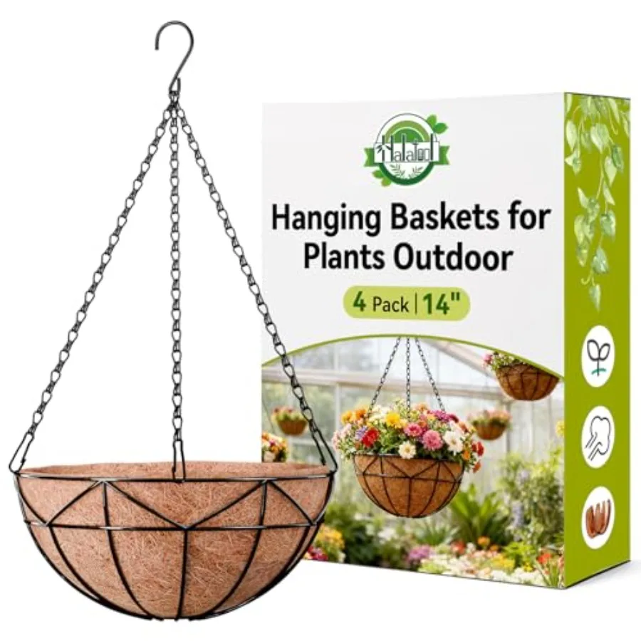 

Набор из 4 подвесных корзин для растений, 14 дюймов, для улицы - Маленькие подвесные садовые кашпо с кокосовым вкладышем для улицы, пустые, из металлической проволоки