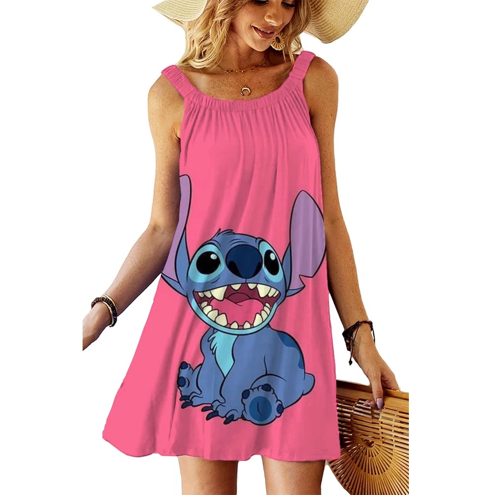 Sukienka plażowa Y2k Luźne eleganckie sukienki dla kobiet 2025 Party Cartoon Sexy Woman Clothes Robe Stitch Sling Sleeveless Printed Boho