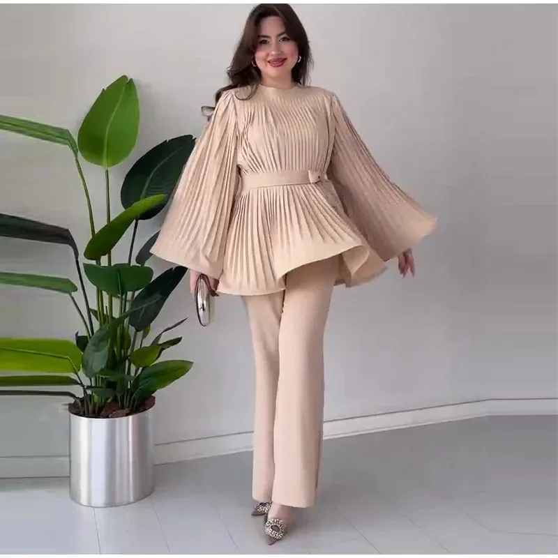 Loose Pleated Top Pants Women Belt Suit Elegant O-neck Long Batwing Sleeve Big Swing Top Wide Leg Pant 2 Piece Sets 2 Outfit