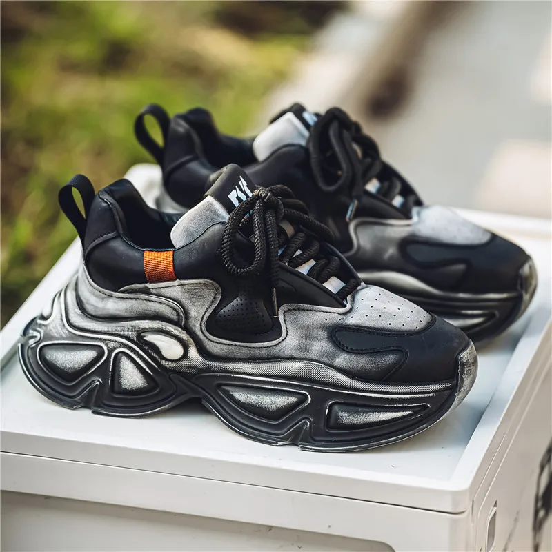 أحذية رجالية جديدة عالية الجودة ذات نعل سميك وأربطة أحذية رياضية فاخرة ومريحة مع ربط من الجلد