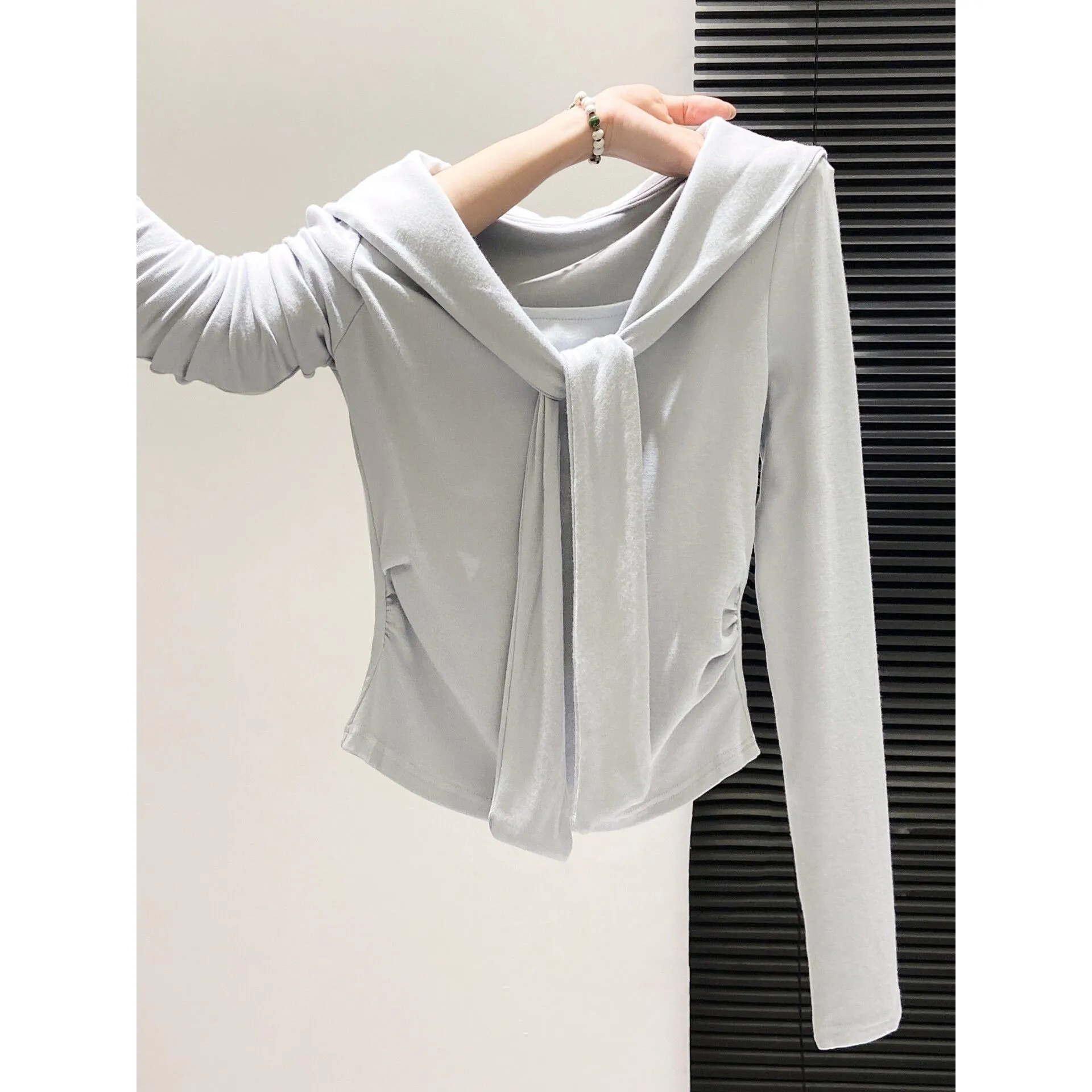 plus Size Shoulder Wrap Long Sleeve T-Shirt Women's Fashion Slimming Pleated Waist-Cinching Base Layer Top Korean Style Commute