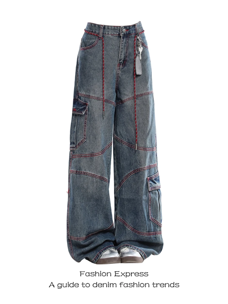 

Женские прямые джинсы для работы, с высокой талией, широкими штанинами, повседневные, из денима, с цветными вставками, в пол