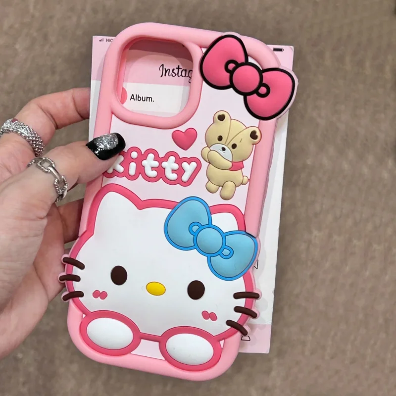 Sanrioed Hellokitty Pink Bear Iphone Series Phone Case Iphone15 Promax Silicone All Inclusive Mobile Phone Protective Case Gift