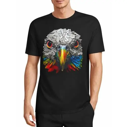 Shattered Geometric Colorful Macaw Head Black T-Shirt