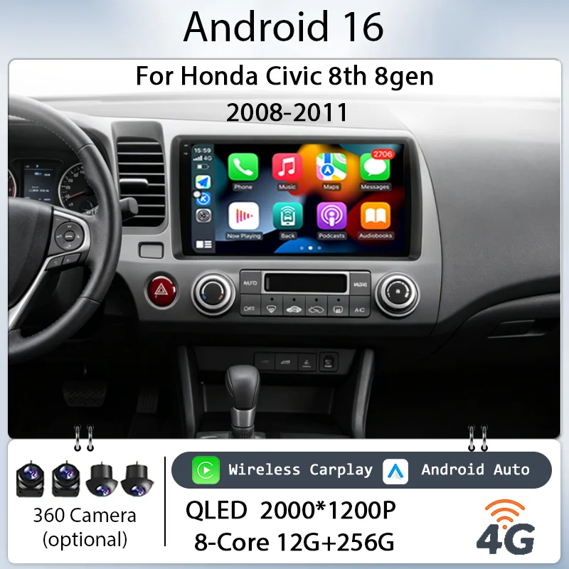 Android 16 IPS HD Touch Screen Wireless CarPlay GPS Navi BT WiFi Multimedia Kit Head Unit for Honda Civic 8th 8gen 2008-2011 10