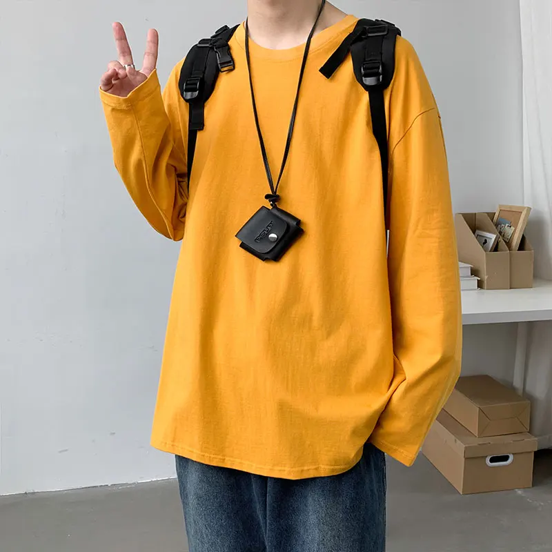 Fall Long Sleeve Pullover basic T-shirt for Men Loose Large Size Fashion Solid Color Tops Casual Autumn Streetwear Tops T Shirt