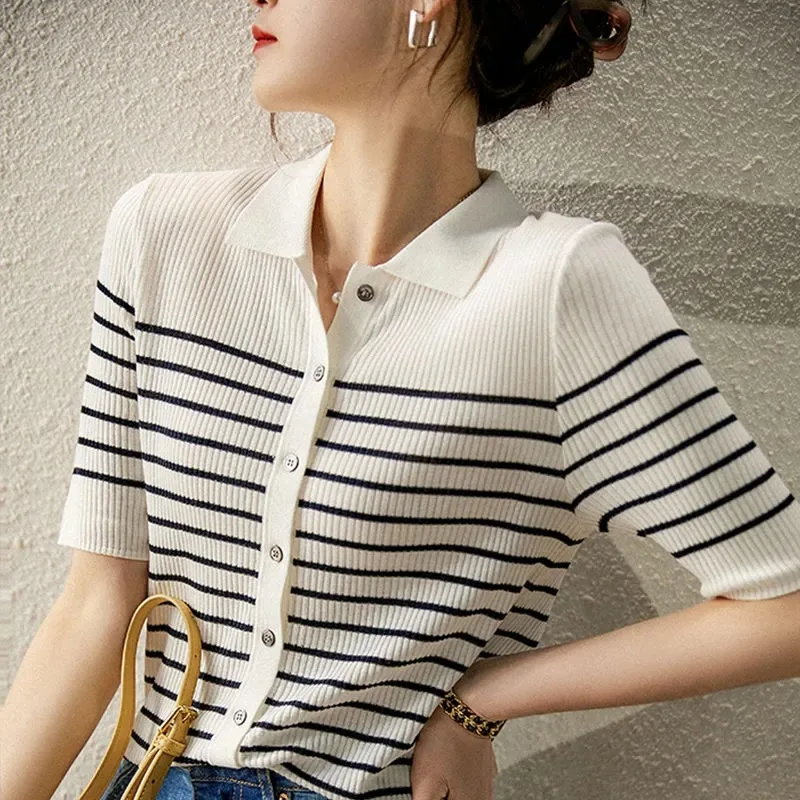 

Spring Summer Women Striped Ribbed Knit Cardigan Casual Polo Collar Button Down Short Sleeve Slim Fit Knit Top