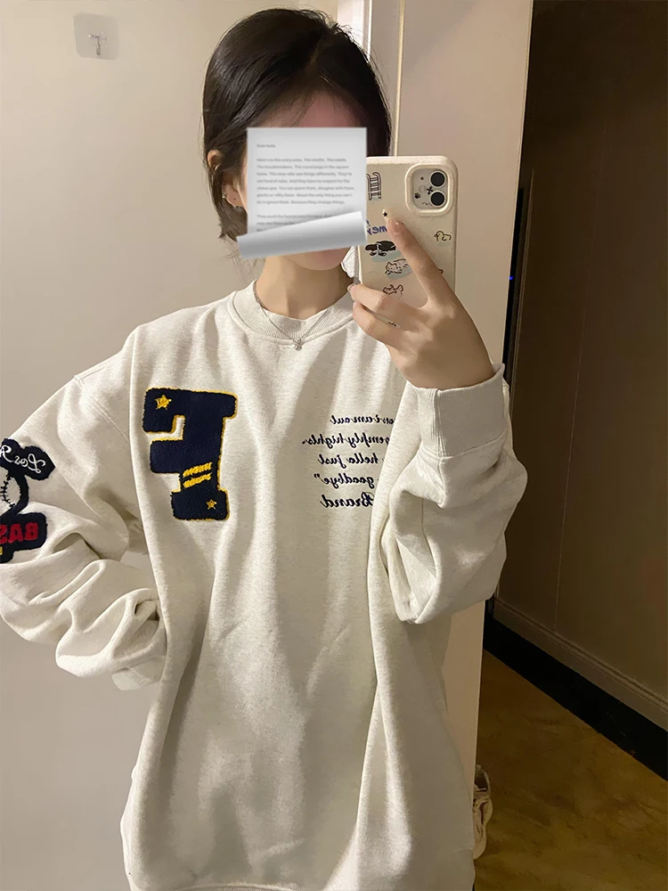 

Женский свитшот оверсайз с круглым вырезом и вышивкой, удобный, свободного кроя, в уличном стиле, осенне-зимний, повседневный топ