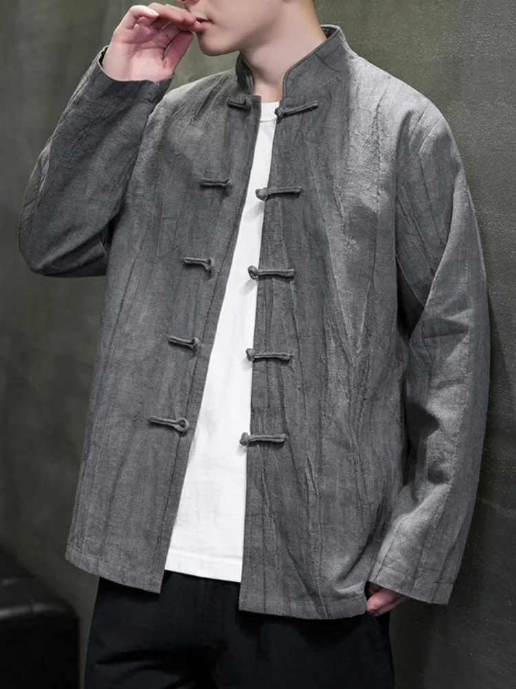 

Новая китайская ретро-куртка в стиле Тан из льна для мужчин, весенне-осенняя, для мужчин среднего и старшего возраста, верхняя одежда в стиле Ханьфу для папы