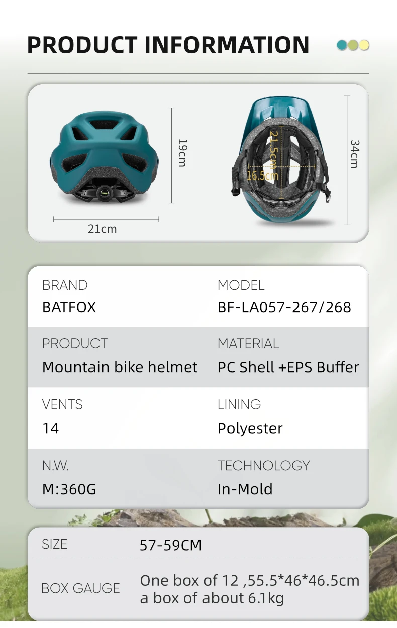 BATFOX Professioneller Fahrradhelm für Herren und Damen, leicht, mit PC-Schale und EPS-Innenfutter, verstellbar, für Offroad-Radfahren, Sicherheitshelm für Mountainbikes. – Detail 2
