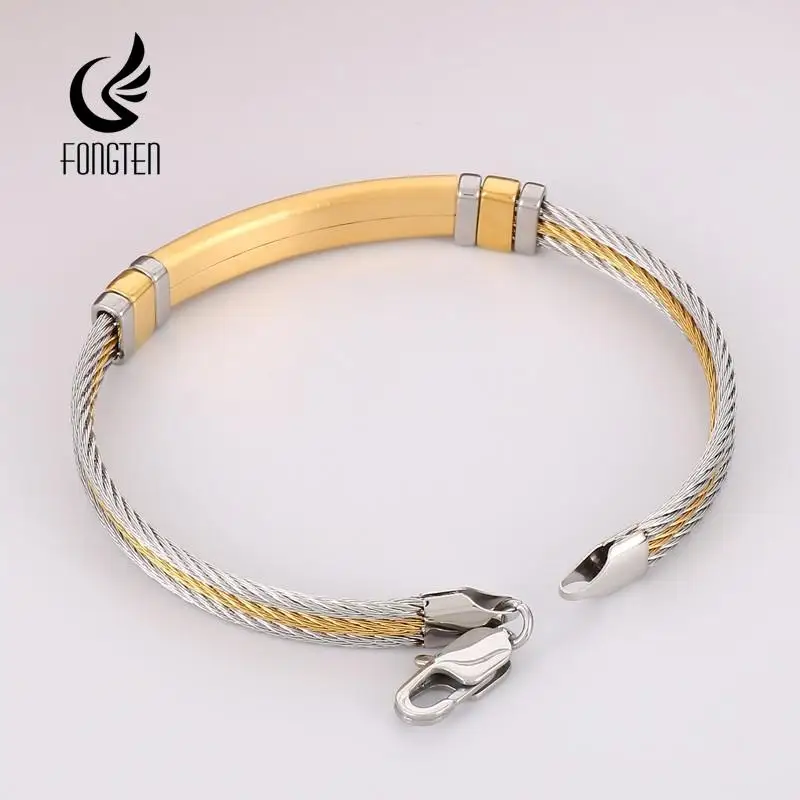 Fongten 6mm Width Stainless Steel Cuff Bracelets Three Layer Steel Wire Cable Chain Bracelet Bangle for Men Wristband Jewelry