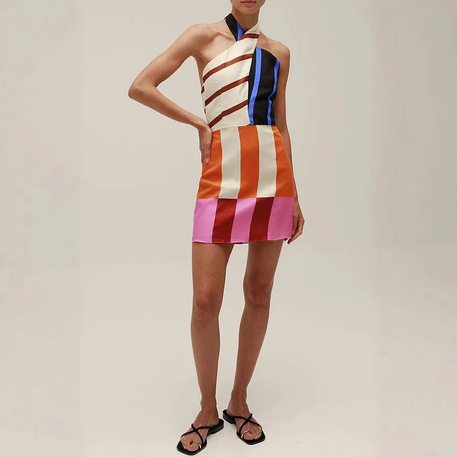 

Sleeveless Sexy Backless Beach Style Ladies Mini Dress Halter Lacing Up Mini Dress Women Summer Retro Print Sweet Party Dress