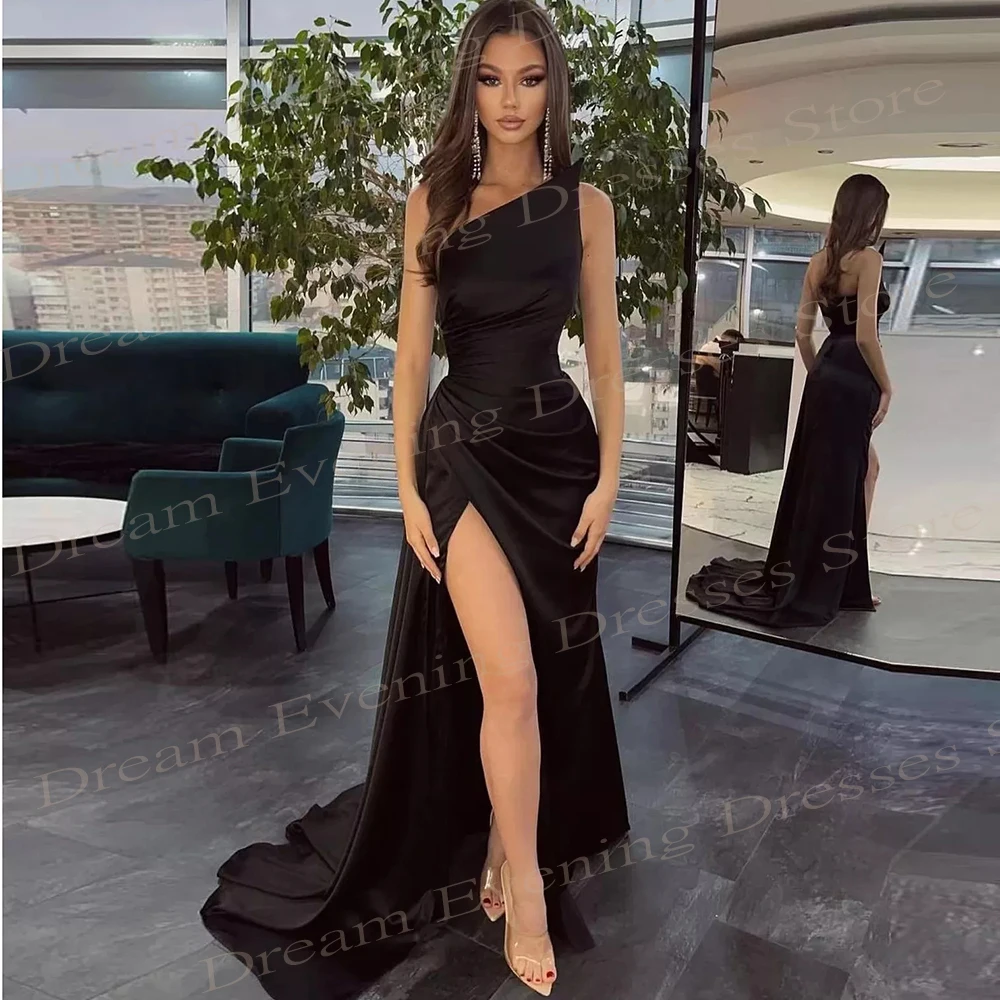 2024 Sexy Classic Black Women's Mermaid Modern Evening Dresses One Shoulder Side High Slit Prom Gowns Sleeveless Robes De Soirée