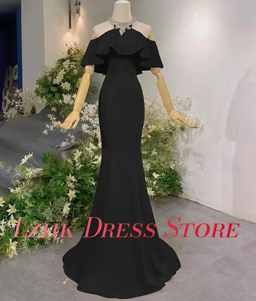 تخصيص رشيقة الساتان حورية البحر كريستال الكشكشة مساء اللباس جودة عالية قصيرة الأكمام طاقم الرقبة الطابق طول فساتين السهرة